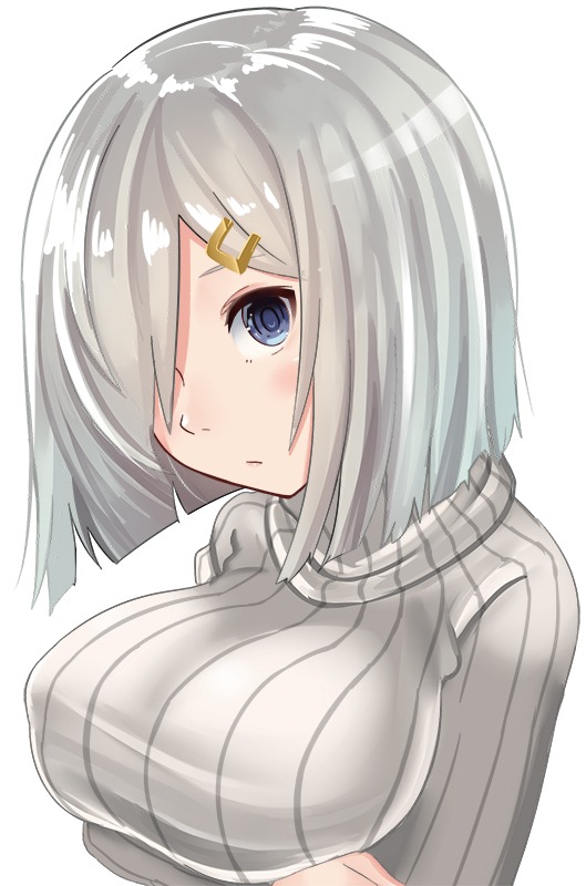 alternate_costume blue_eyes blush breast_hold breasts crossed_arms hair_ornament hair_over_one_eye hairclip hamakaze_(kantai_collection) kantai_collection large_breasts looking_at_viewer short_hair silver_hair simple_background sin_(kami148) solo sweater white_background