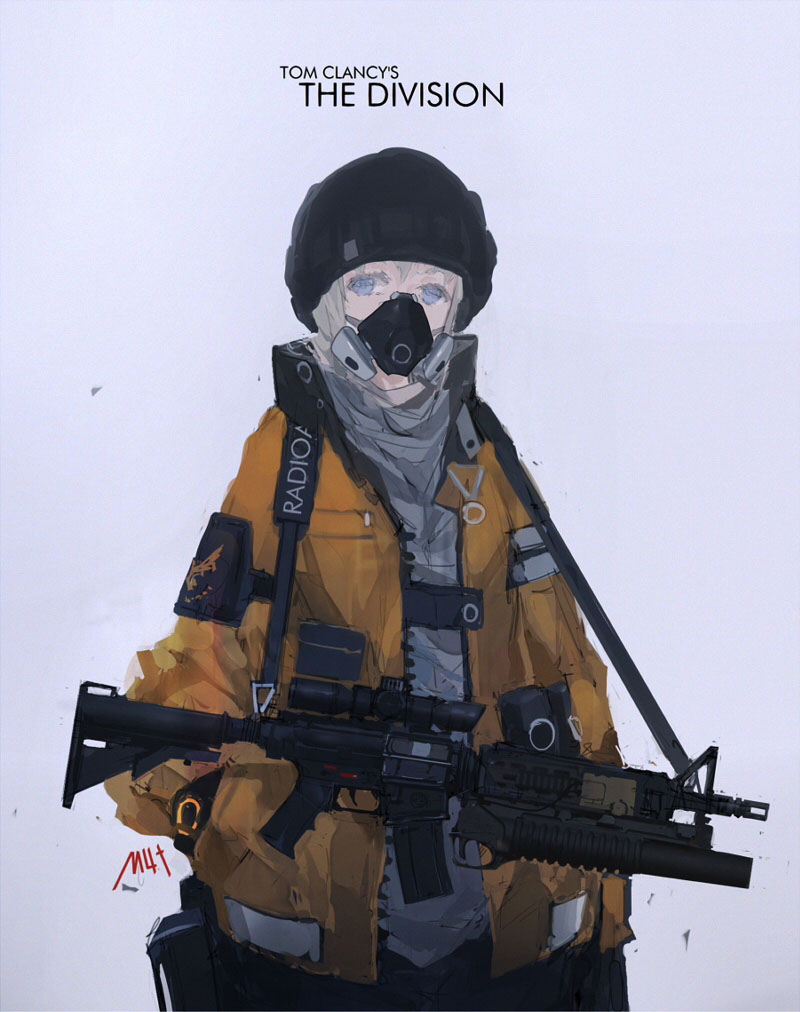 assault_rifle beanie blue_eyes grenade_launcher grey_hair gun hands_in_pockets hat jacket laser_sight m203 m4_carbine mivit original respirator rifle science_fiction scope short_hair simple_background sling solo tom_clancy's_the_division underbarrel_grenade_launcher weapon
