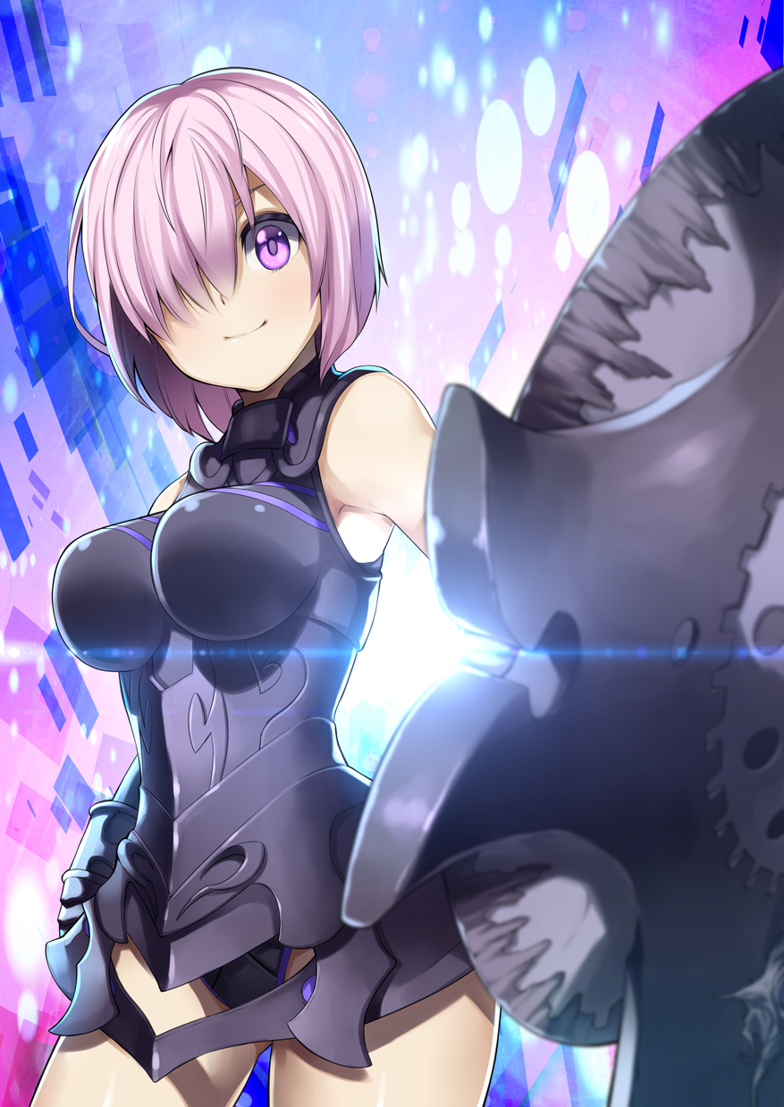 ahoge armor bare_shoulders blush breasts elbow_gloves fate/grand_order fate_(series) gloves hair_over_one_eye highres large_breasts looking_at_viewer mash_kyrielight purple_eyes purple_hair shield short_hair smile solo yuuzii