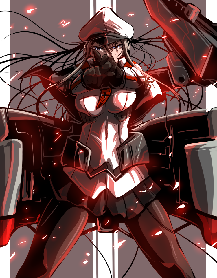 black_legwear black_skirt blonde_hair blue_eyes capelet cowboy_shot cross embers gloves graf_zeppelin_(kantai_collection) hair_between_eyes hat impossible_clothes jacket kantai_collection legs_apart long_hair looking_at_viewer machinery miniskirt necktie outstretched_arms pantyhose peaked_cap pose shiba_yuuki skirt solo twintails uniform