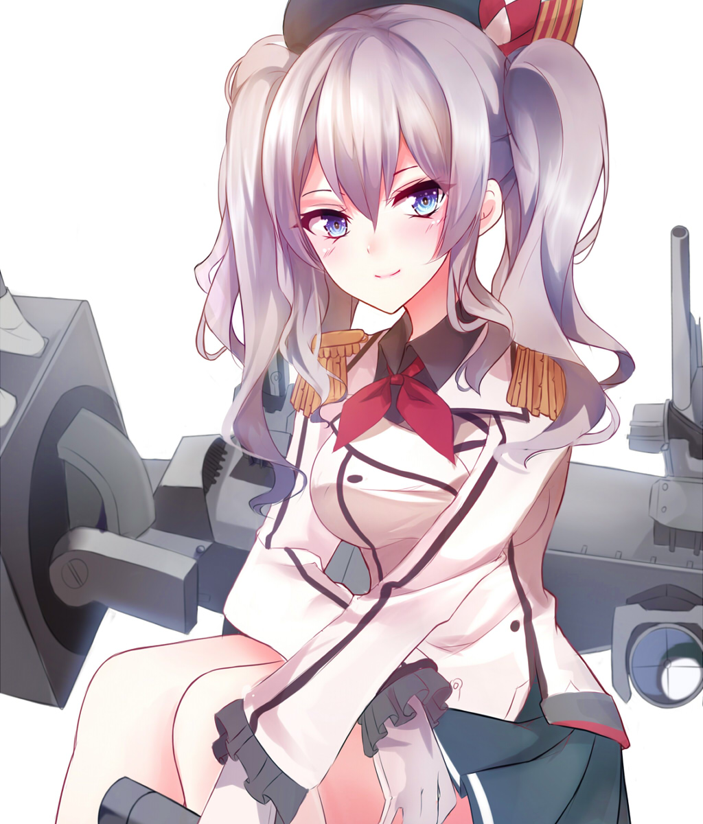 beret blue_eyes blue_skirt blush bow breasts buttons epaulettes frilled_sleeves frills gloves hat hat_bow highres kantai_collection kashima_(kantai_collection) large_breasts long_sleeves looking_at_viewer machinery military military_uniform miniskirt pleated_skirt red_ribbon ribbon shiguru short_hair sidelocks silver_hair simple_background skirt smile solo turret uniform white_background white_gloves