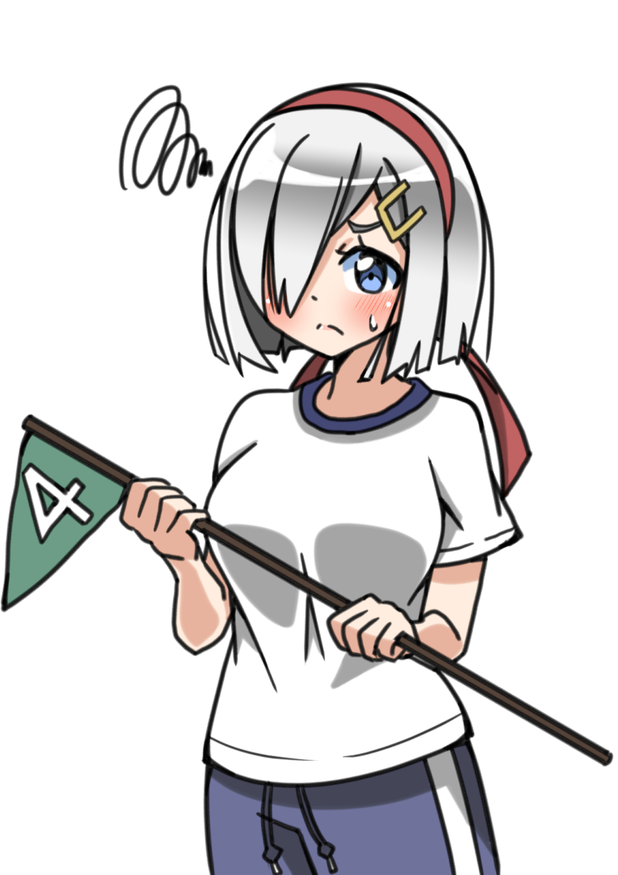 alternate_costume blue_eyes blush breasts commentary_request flag gym_shorts gym_uniform hair_ornament hair_over_one_eye hairband hairclip hamakaze_(kantai_collection) highres holding kantai_collection kawabatake medium_breasts numbered_flag pennant shirt short_hair short_sleeves shorts silver_hair simple_background solo sweat sweatdrop white_background white_shirt