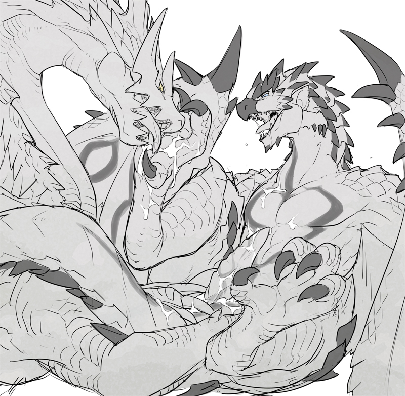 alasurth blue_eyes capcom cum duo feral flying_wyvern lagiacrus male male/male monochrome monster_hunter open_mouth pecs rathalos saliva scales scalie sex simple_background tongue video_games white_background wings wyvern yellow_eyes