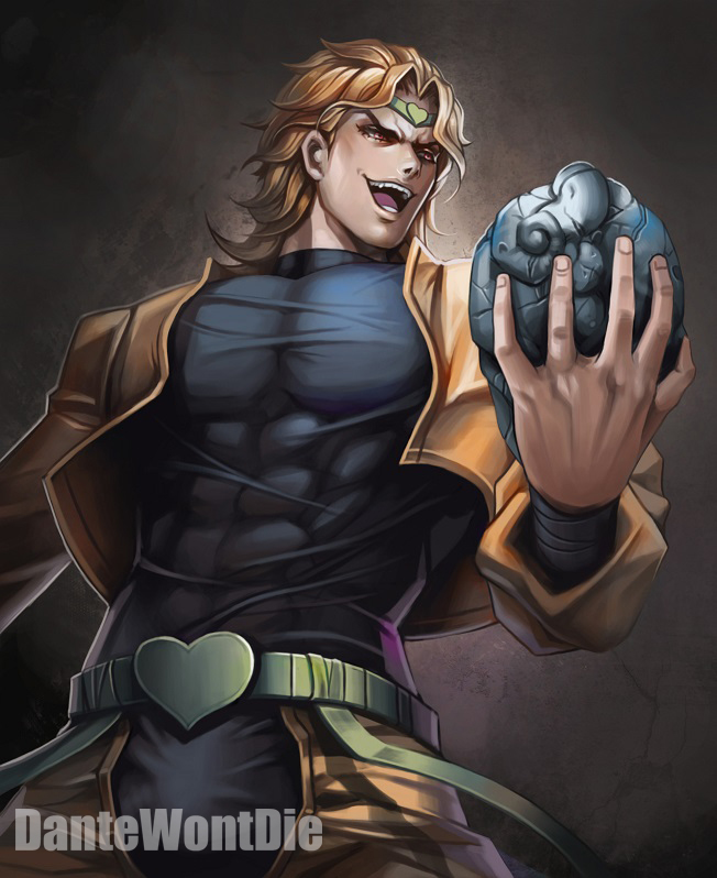 :d artist_name bandages banned_artist belt black_background blonde_hair blue_shirt cowboy_shot dio_brando fang headband heart holding jacket jojo_no_kimyou_na_bouken long_sleeves male_focus muscle open_clothes open_jacket open_mouth red_eyes rock shirt simple_background skin_tight smile solo stone_mask_(jojo) v-shaped_eyebrows yinan_cui