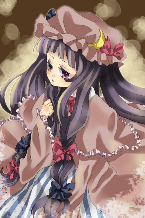 bad_id bad_pixiv_id bow capelet crescent frills hair_bow hair_ribbon hat hat_ribbon ichinose_(sorario) long_hair necktie patchouli_knowledge purple_eyes purple_hair ribbon solo touhou