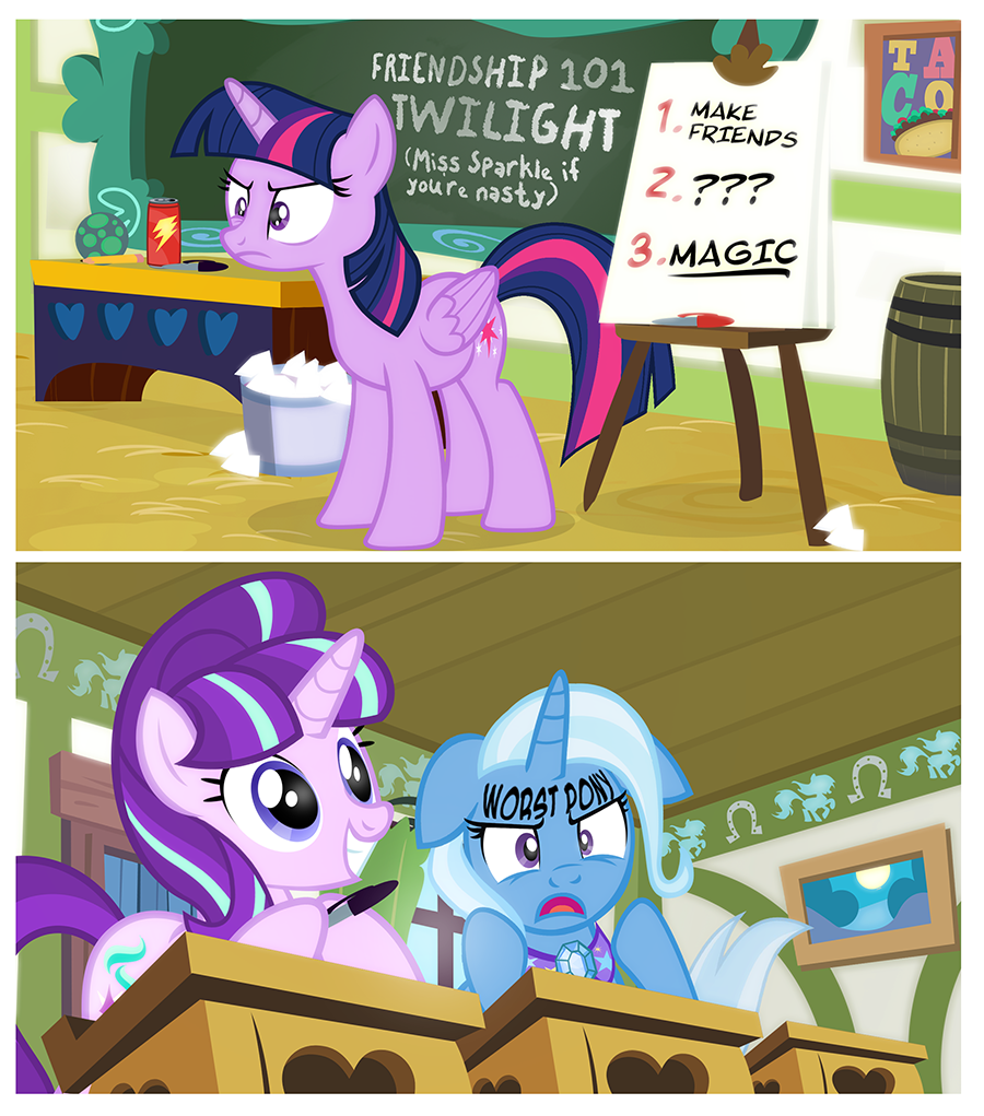 2015 annoyed awake cape chalkboard chaurus_eggs clothing comic desk energy_drink english_text equine female friendship_is_magic horn mammal my_little_pony pen pixelkitties starlight_glimmer_(mlp) text trixie_(mlp) twilight_sparkle_(mlp) unicorn winged_unicorn wings