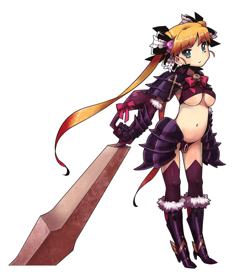 armor armored_boots belly black_armor blonde_hair boots bow breasts criminal_girls cross expressionless full_body gauntlets hair_ribbon holding huge_weapon ichihaya kisaragi_(criminal_girls) large_breasts long_hair official_art ribbon simple_background skull solo sword twintails underboob very_long_hair weapon white_background