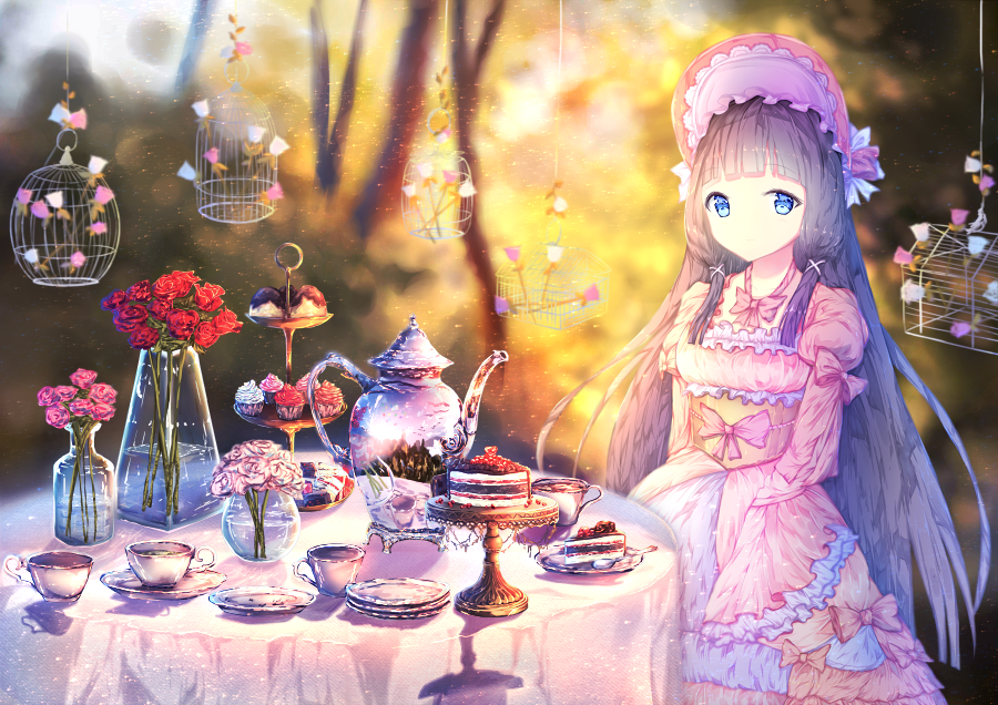 bangs black_hair blue_eyes blunt_bangs blurry bonnet bottle bow cage cake cake_stand cup cupcake dress feitaru flower food glass hair_ornament himemiya_maho layered_dress lolita_fashion long_hair long_sleeves outdoors pastry pink_dress pink_flower plate princess_connect! red_flower reflection rose saucer shadow slice_of_cake solo spoon sweets table tablecloth tea_party teacup teapot tiered_tray vase very_long_hair water wide_sleeves x_hair_ornament