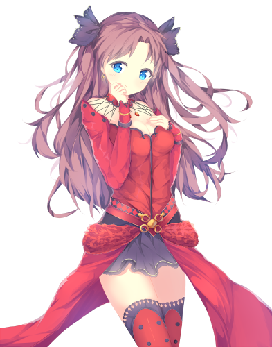 bangs belt black_skirt blue_eyes breast_suppress brown_hair cowboy_shot earrings fate/grand_order fate/stay_night fate_(series) feitaru formalcraft hair_ribbon hand_on_own_face jewelry long_hair long_sleeves looking_at_viewer lowres parted_bangs pendant red_shirt ribbon ring shirt simple_background skirt solo thighhighs toosaka_rin two_side_up white_background