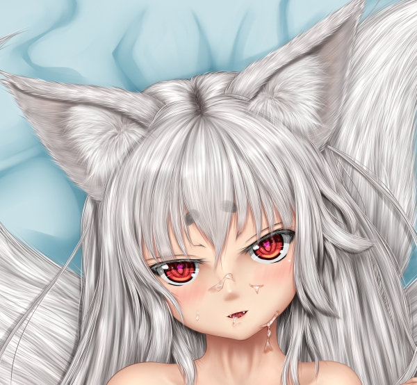 animal_ears blush bukkake cum facial fangs fox_ears fox_tail long_hair looking_at_viewer lying multiple_tails nude on_back open_mouth original red_eyes silver_hair solo tail tenyoshi_(briansept) very_long_hair