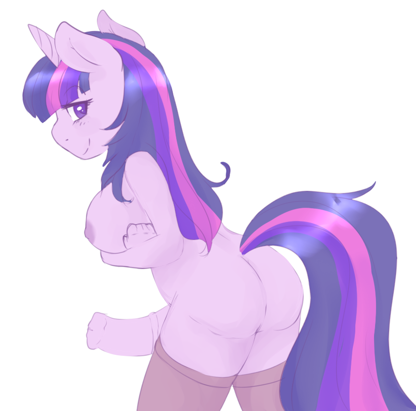 2015 alittlepony animal_genitalia anthro anthrofied big_breasts breasts butt clothing dickgirl equine friendship_is_magic hair horn horsecock intersex legwear long_hair looking_at_viewer mammal multicolored_hair my_little_pony penis purple_eyes simple_background smile solo twilight_sparkle_(mlp) unicorn
