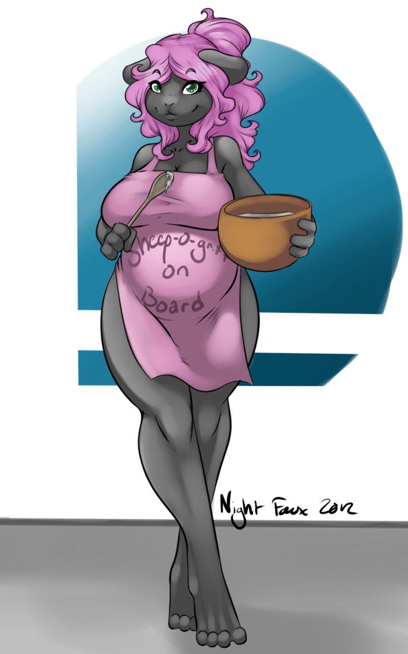 2012 anthro apron barefoot belly big_belly big_breasts black_fur bowl breasts caprine clothed clothing english_text female food fray fur green_eyes grey_fur hair long_hair looking_at_viewer mammal nightfaux pregnant purple_hair sheep skimpy smile solo spoon text wide_hips
