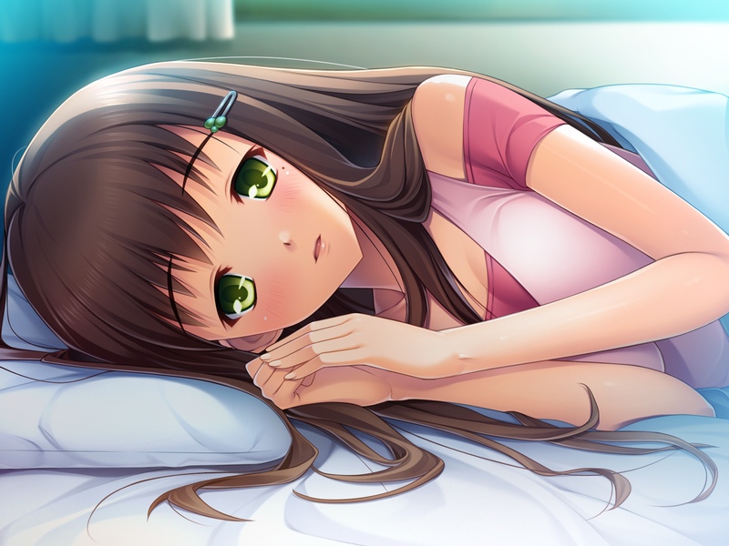 bangs bed bed_sheet blush breasts brown_hair cleavage clenched_hands curtains game_cg green_eyes hair_ornament hairclip hands_together happy indoors kanou_karen kurosaki long_hair looking_at_viewer lying medium_breasts mole mole_under_eye off_shoulder on_bed on_side parted_lips pillow smile solo tank_top uhou_renka under_covers upper_body