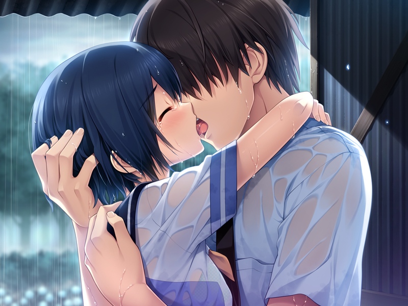 1girl black_hair brown_hair closed_eyes couple french_kiss game_cg hair_over_eyes hetero hug kiss kurosaki rain short_hair tears tongue tsukayama_nagisa uezato_ryouhei uhou_renka wet wet_clothes