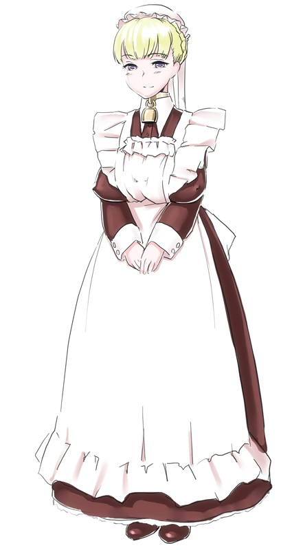 bell bell_collar blonde_hair blush breasts collar dress large_breasts long_dress maid maid_cap original purple_eyes short_hair smile solo ufo_koikoi victorian victorian_maid white_background