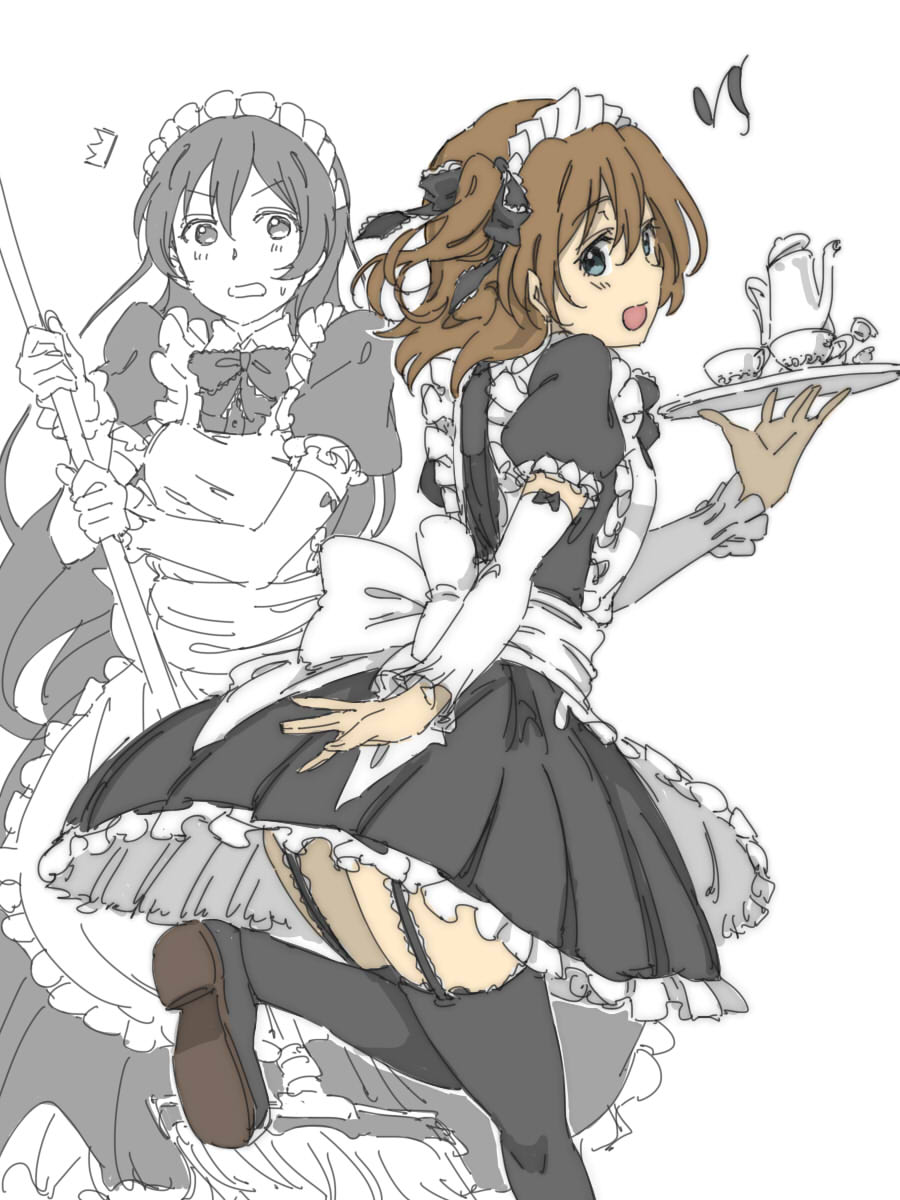 2girls apron arm_warmers bangs black_bow black_legwear blue_eyes bow broom brown_hair creamer_packet cup frilled_apron frilled_sleeves frills garter_straps hair_between_eyes hair_bow highres holding holding_broom holding_tray joint06 kousaka_honoka long_hair looking_at_another looking_at_viewer looking_back love_live! love_live!_school_idol_project maid maid_apron maid_headdress multiple_girls musical_note one_side_up partially_colored shoes short_sleeves smile sonoda_umi standing standing_on_one_leg sweeping teacup teapot thighhighs tray white_apron