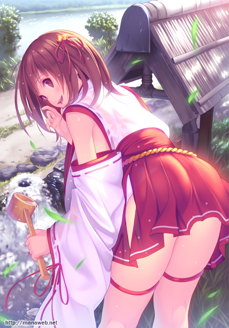 ass banned_artist bell bent_over brown_eyes brown_hair commentary_request detached_sleeves hair_bell hair_ornament hair_ribbon hakama hip_vent japanese_clothes ladle long_sleeves looking_at_viewer looking_back mana_kakkowarai md5_mismatch miko no_panties open_mouth original red_hakama ribbon river shirt skirt smile solo thigh_strap thighs well wide_sleeves
