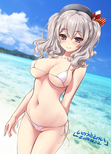 arm_behind_back beret bikini breasts cameltoe dutch_angle hat inoue_tomii kantai_collection kashima_(kantai_collection) large_breasts long_hair looking_at_viewer navel shiny shiny_skin side-tie_bikini sidelocks silver_eyes silver_hair skindentation smile solo swimsuit tsurime twintails wavy_hair