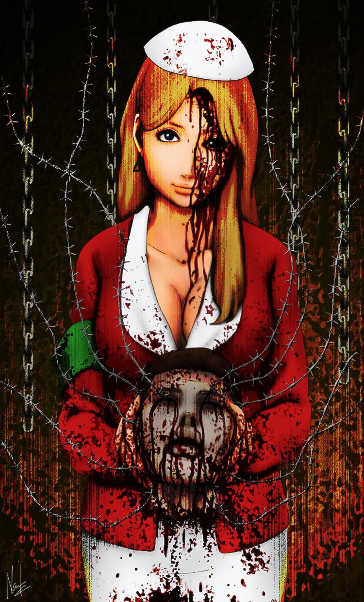 barbed_wire blonde_hair blood breasts cleavage collarbone disembodied_head guro hat head head_tilt highres kippah large_breasts lisa_garland long_hair looking_at_viewer narumi_kei nurse nurse_cap silent_hill silent_hill_1 smile solo