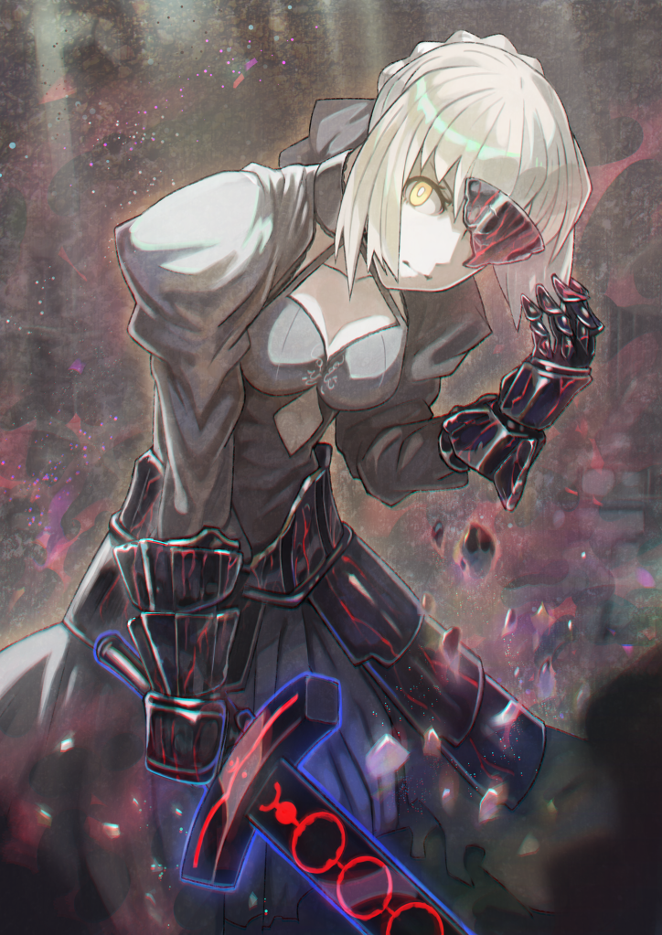 armor armored_dress artoria_pendragon_(all) black_armor black_dress blonde_hair braid broken_mask dark_excalibur dress fate/grand_order fate/stay_night fate_(series) gauntlets hair_bun hair_ribbon holding holding_sword holding_weapon light_rays mask one_eye_covered rano ribbon saber_alter short_hair solo sword weapon yellow_eyes