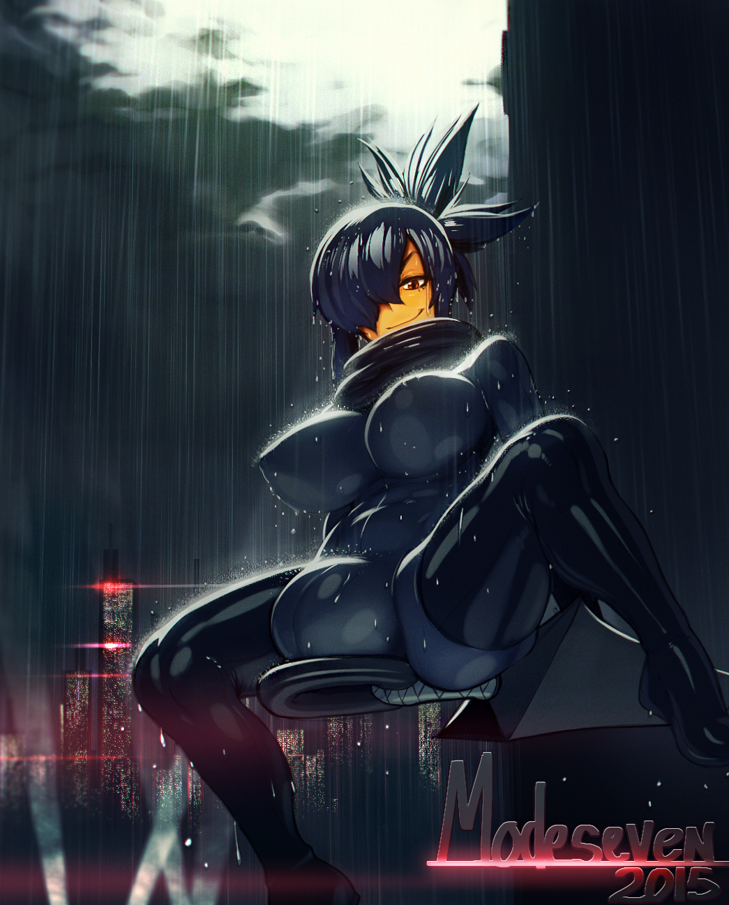 bodysuit boots breasts brown_eyes bulge cityscape covered_nipples desolate_soul futanari hair_over_one_eye highres huge_weapon kunai large_breasts ninja nitrotitan original oversized_object rain scarf skin_tight smile solo stacey_grove thigh_boots thighhighs updo weapon