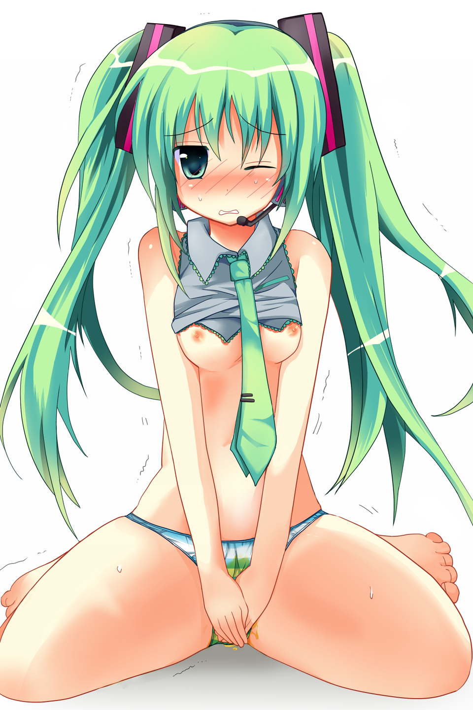 barefoot blush breasts covering covering_crotch green_eyes green_hair hatsune_miku highres long_hair microphone necktie nipples one_eye_closed panties pee peeing peeing_self resized shirt_lift simple_background small_breasts solo stained_panties striped striped_panties sweat tears trembling uesaki_take underwear vocaloid