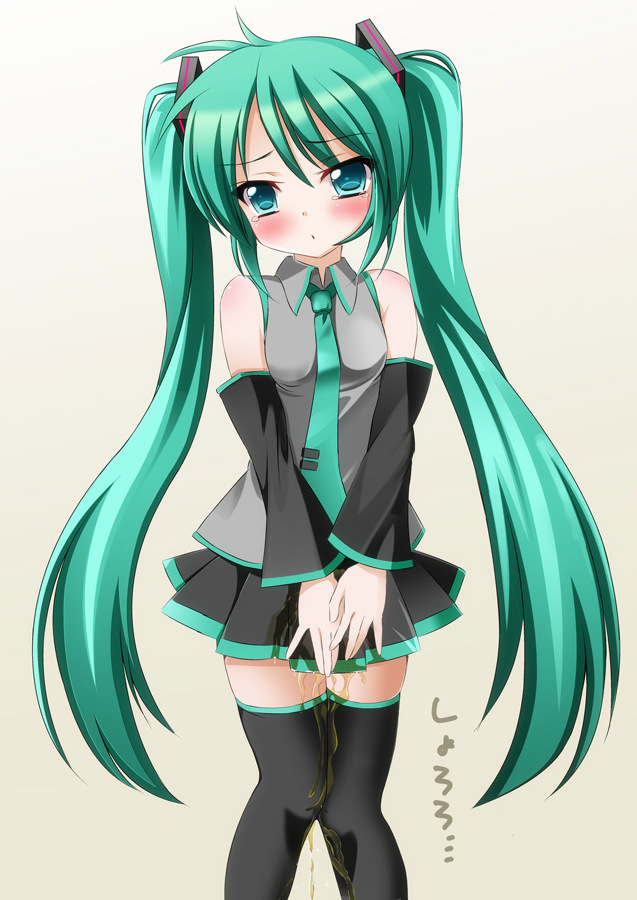 black_legwear blush covering covering_crotch green_eyes green_hair hatsune_miku long_hair necktie pee peeing peeing_self shokicho skirt solo stained_clothes tears very_long_hair vocaloid