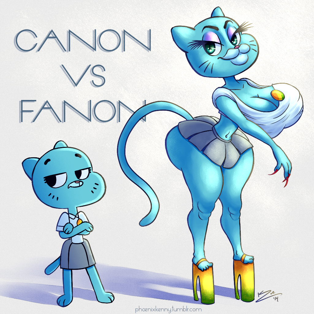 anthro big_breasts blue_fur breasts butt cat cleavage clothed clothing compare duo feline female fur mammal mature_female mother nicole_watterson parent phoenixkenny skirt the_amazing_world_of_gumball