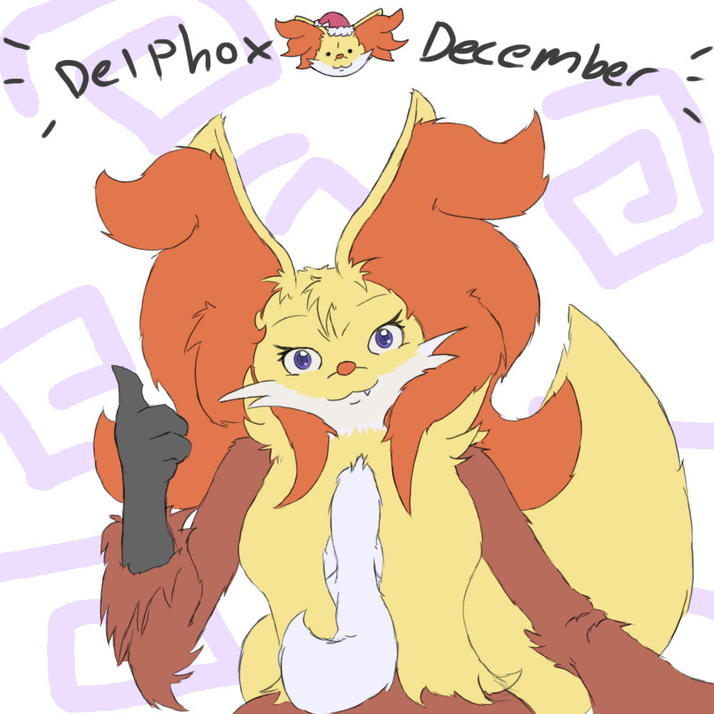 :3 anthro bludragoon breasts canine chest_tuft delphox fangs female fox fur inner_ear_fluff looking_at_viewer mammal nintendo pok&eacute;mon pok&eacute;morph purple_eyes solo thumbs_up tuft video_games