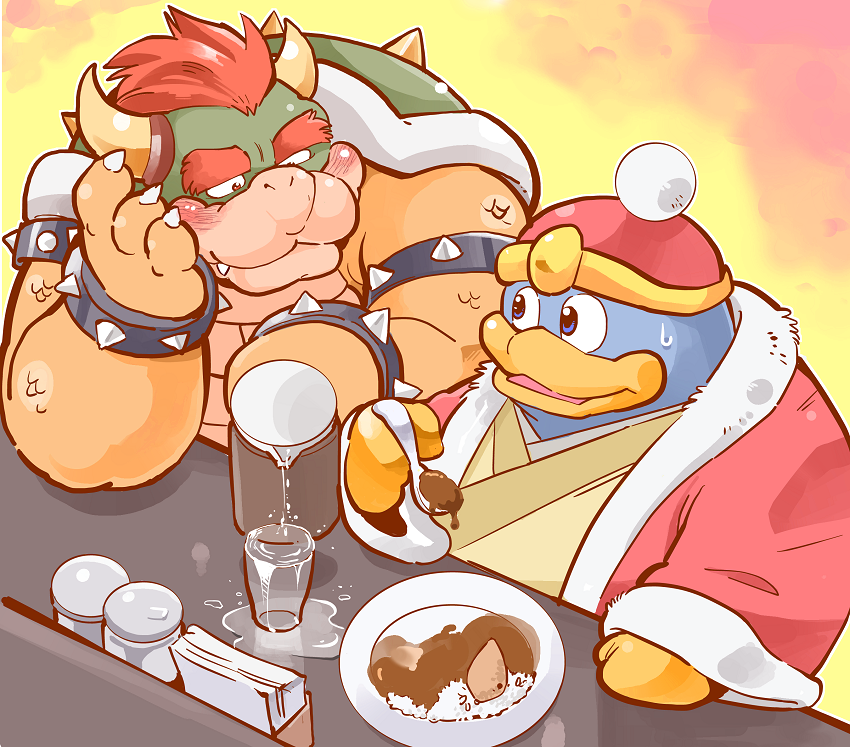 avian bar bird blush bowser chubby clothing cold_sweat condiments crush cute diner duo food garousuki gloves hair hat horn king_dedede kirby_(series) koopa lovesick male male/male mario_bros napkins nintendo penguin pitcher red_hair reptile robe scalie shell simple_background smile sweat table tortoise turtle video_games water