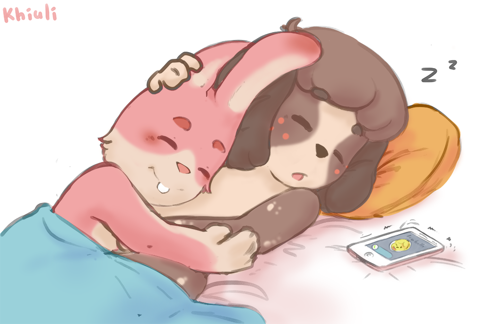 animal_crossing anthro anthrofied badgegrab bed bedcovers blush buckteeth canine cellphone cuddling digby_(animal_crossing) dog duo eyes_closed featureless_crotch high-angle_shot khiuli kissing lagomorph lying mammal nintendo nintendo_badge_arcade nude on_back on_bed on_front phone pillow rabbit signature smile sound_effects tasteful_nudity teeth under_covers video_games