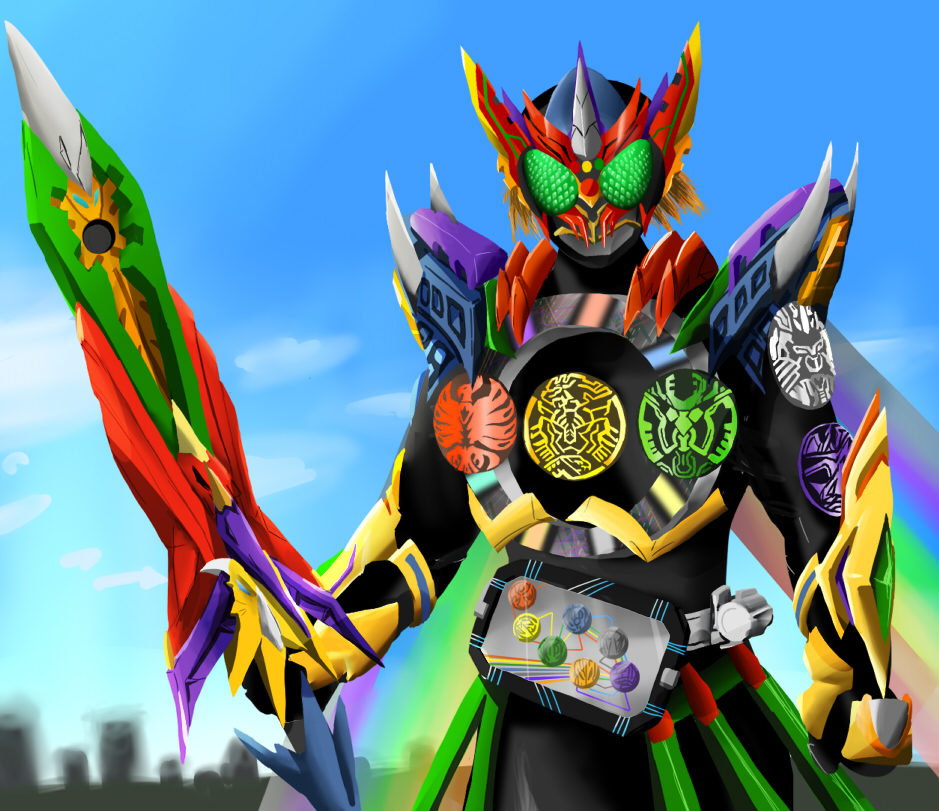 alternate_costume armor commentary_request gatakiriba_(ooo_combo) helmet kamen_rider kamen_rider_ooo kamen_rider_ooo_(series) kurosshu putotyra_(ooo_combo) ratoratah_(ooo_combo) rider_belt sagohzo_(ooo_combo) sword tatoba_(ooo_combo) weapon