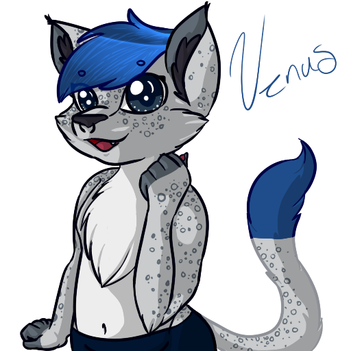ambiguous_gender anthro blue_eyes blue_hair cat clothing computerdeathglare english_text facial_piercing feline fur hair leopard male mammal nose_piercing piercing septum_piercing shorts snow_leopard solo spots teenager text venus young