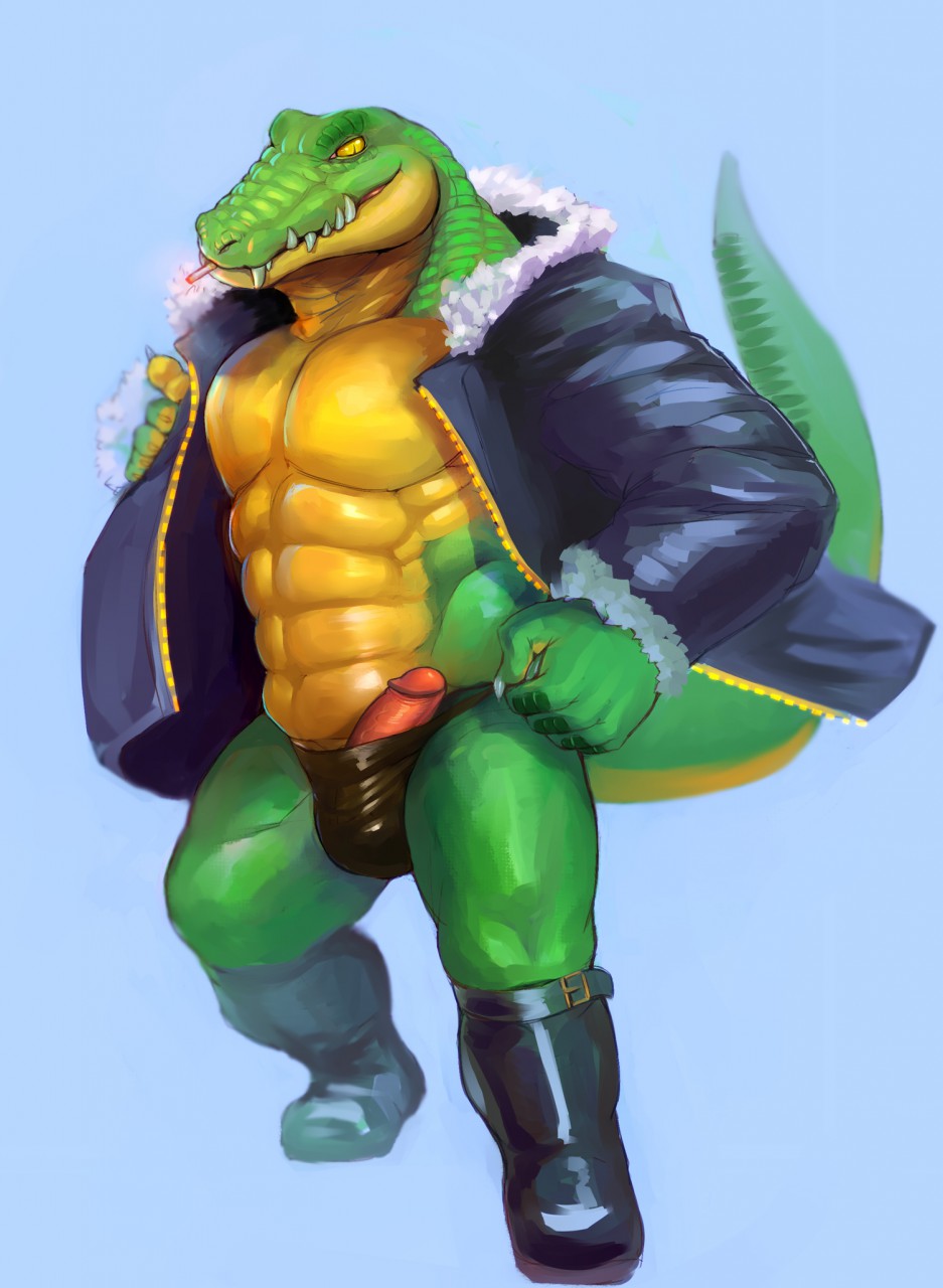 abs big_tail boots cigarette claws clothing crocodile diz erection fangs footwear fur_coat green_scales green_skin hi_res humanoid_penis iceman1984 jacket leather muscular penis pinup pose presenting reptile scales scalie smoke smoking snout solo thick_thighs underwear yellow_eyes yellow_scales yellow_skin