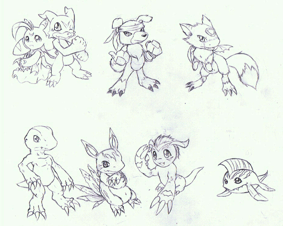 2010 agumon ambiguous_gender betamon canine claws clothed clothing crossed_arms digimon dinosaur dorumon dragon elecmon fin fur gaomon gloves gomamon group headband looking_at_viewer lunamon mammal marine monochrome navel nude one_eye_closed scales scalie simple_background sketch tigerlilylucky toe_claws traditional_media_(artwork) tuft veemon white_background wings wink