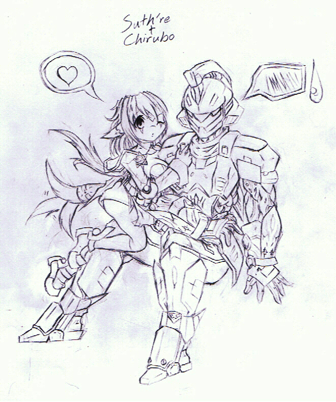 &lt;3 2012 alien anthro armor chirubo clothed clothing duo english_text female footwear hair long_hair machine male monochrome robot shoes simple_background sitting size_difference sketch speech_bubble suth're sweat text tigerlilylucky traditional_media_(artwork) wagging white_background