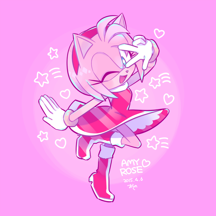 &lt;3 1girl 2015 ??? amy_rose anthro black_nose boots clothing dress female footwear furry gloves green_eyes hair happy headband hedgehog japanese_text mammal one_eye_closed pink_hair sega short_hair solo sonic_(series) sonic_the_hedgehog text video_games wink