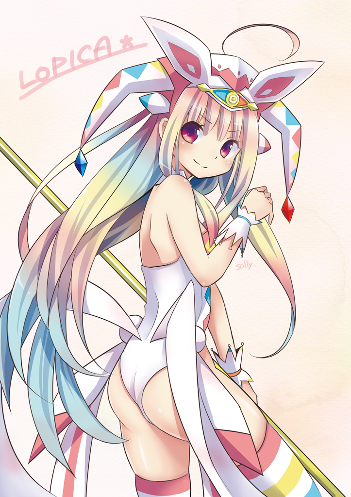 ahoge artist_name bare_shoulders beatmania beatmania_iidx blonde_hair blue_hair character_name detached_collar gradient_hair hat jester_cap leotard long_hair looking_back lopica magical_girl multicolored_hair pink_eyes pink_hair sally_(pacch0614) smile solo staff strapless striped striped_legwear thighhighs very_long_hair