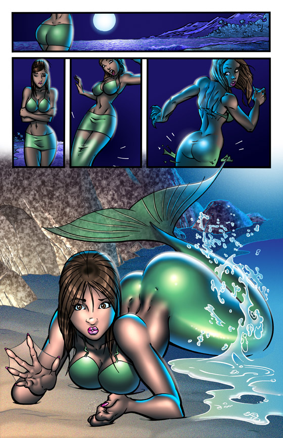 beach breasts brown_eyes brown_hair butt clothed clothing comic female hair human human_to_humanoid humanoid justinblong2003 looking_at_viewer mammal marine merfolk moon navel night not_furry open_mouth outside seaside solo standing surprise transformation walking