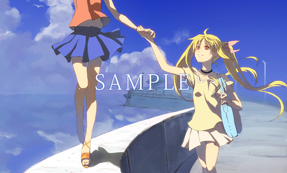 bag bare_legs bird blonde_hair blouse blue_skirt blue_sky casual choker cloud concrete cosmic_(crownclowncosmic) day fate_testarossa hair_ribbon head_out_of_frame holding_hands jewelry long_hair looking_at_another looking_up lyrical_nanoha mahou_shoujo_lyrical_nanoha multiple_girls necklace no_socks ocean on_wall orange_blouse orange_eyes pleated_skirt red_eyes ribbon sample sandals seagull short_sleeves shoulder_bag skirt sky takamachi_nanoha twintails very_long_hair walking wall white_skirt wind yellow_blouse yuri