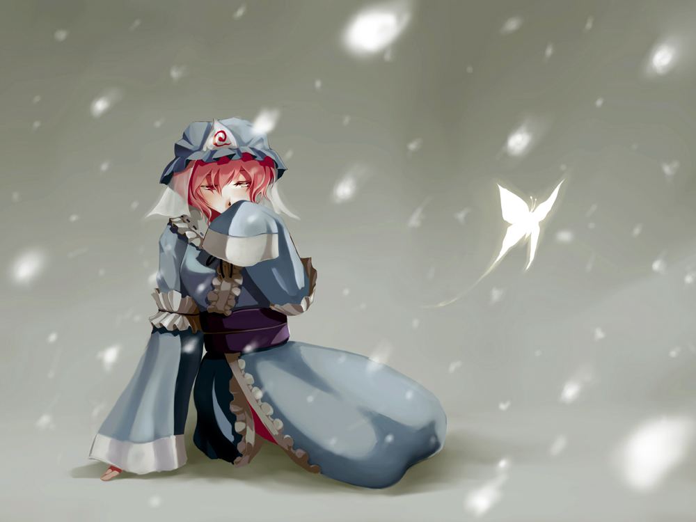 bad_id bad_pixiv_id bug butterfly hat insect pink_hair saigyouji_yuyuko short_hair sleeves_past_wrists snow solo touhou uruo