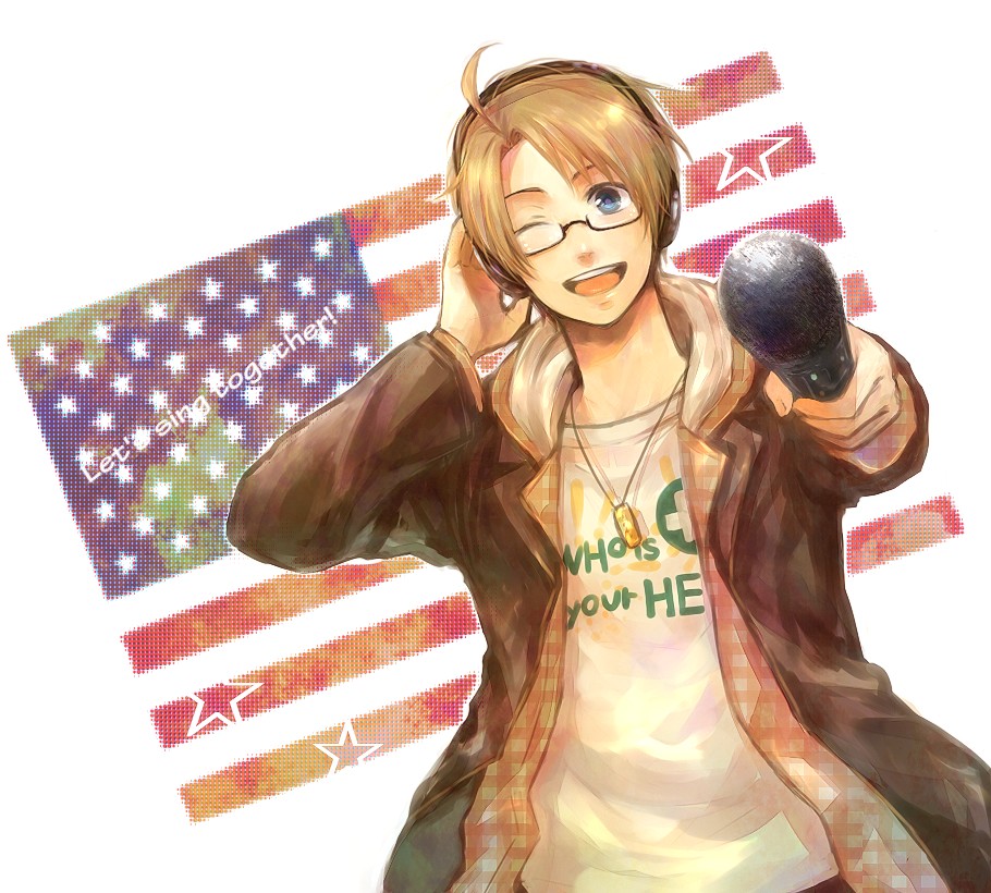 alternate_costume america america_(hetalia) axis_powers_hetalia blonde_hair blue_eyes contemporary english flag glasses happy headphones jacket jewelry male_focus microphone necklace non-web_source one_eye_closed solo