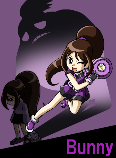 brown_hair bunny-z bunny_(ppg) character_doll character_name different_shadow doll dual_persona fingerless_gloves frisbee gloves long_hair one_eye_closed open_mouth ponytail powerpuff_girls_z purple purple_eyes shadow smile solo standing younger
