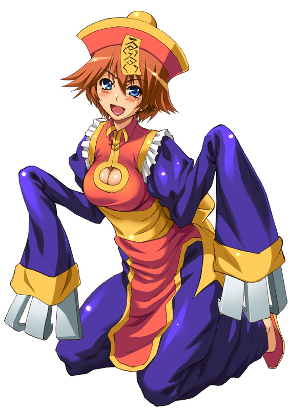 blue_eyes blush breasts chinese_clothes claws cleavage cleavage_cutout cosplay hat jiangshi kneeling lei_lei lei_lei_(cosplay) long_sleeves medium_breasts nanakawa_rui ofuda orange_hair shiruko shoes short_hair solo tokimeki_memorial tokimeki_memorial_4 vampire_(game)