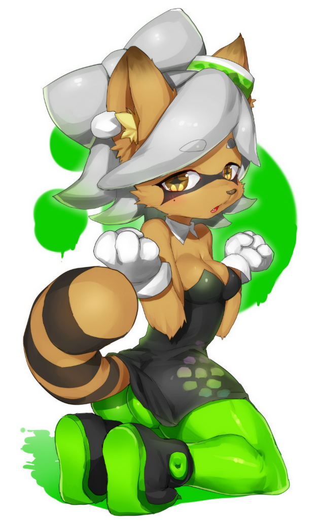 anthro beauty_mark bow breasts canine cleavage clothed clothing female fox gloves hair hat ksyaro looking_at_viewer mammal marie_(splatoon) nintendo open_mouth piercing simple_background solo splatoon tentacle_hair tentacles video_games white_hair