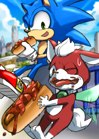 1boy anthro black_nose chip clothing duo food footwear furry gloves green_eyes hedgehog light_gaia low_res male mammal sega sonic sonic_(series) sonic_the_hedgehog tetora video_games