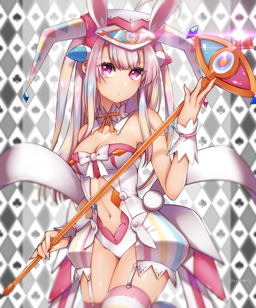 argyle argyle_background bare_shoulders beatmania beatmania_iidx bow breasts cleavage cowboy_shot detached_collar garter_straps gem glint hat heart heart-shaped_pupils holding kayase leotard long_hair lopica magical_girl medium_breasts multicolored_hair navel navel_cutout pink_eyes pink_hair rod sidelocks simple_background solo staff standing strapless symbol-shaped_pupils thighhighs wand