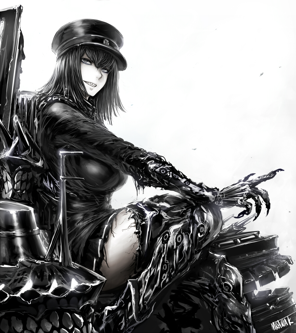 akitsu_maru_(kantai_collection) bangs boots breasts cannon dark_persona gloves grin hat kantai_collection large_breasts looking_away machinery misawa_kei monochrome peaked_cap pleated_skirt remodel_(kantai_collection) sharp_teeth shinkaisei-kan short_hair signature simple_background sitting skirt smile solo teeth thigh_boots thighhighs torn_clothes turret veins white_background