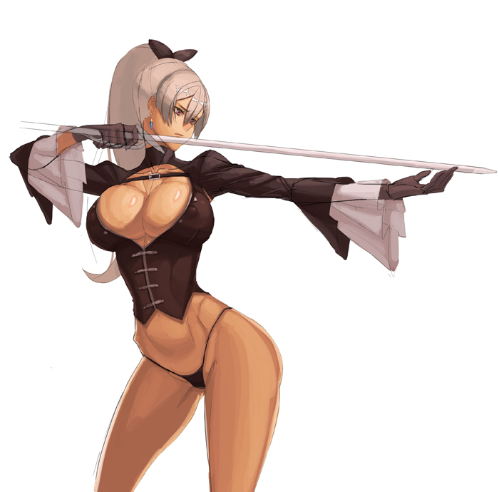 albert bow breasts cleavage collarbone contrapposto corset dark_skin dungeon_and_fighter female_slayer_(dungeon_and_fighter) foreshortening gloves hair_bow large_breasts orange_eyes panties ponytail silver_hair sketch solo standing underwear weapon