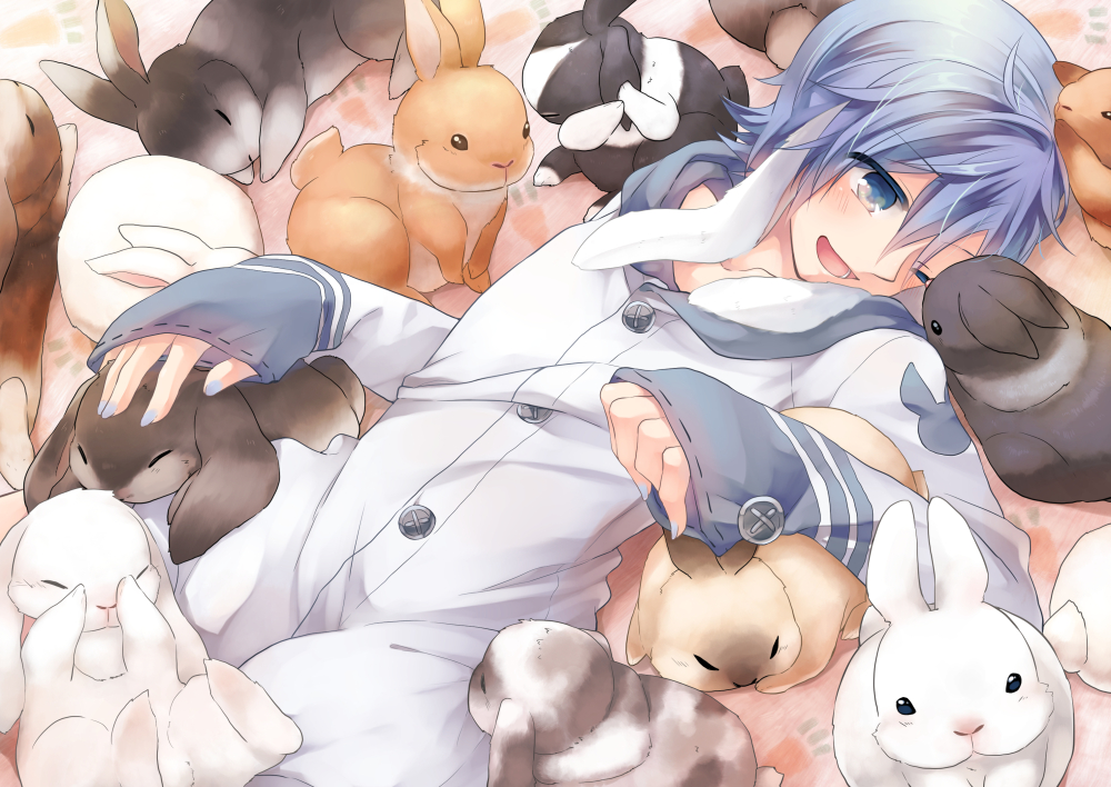:d animal_ears bangs blue_eyes blue_hair blue_nails blush bunny bunny_ears buttons carrot_print eyebrows eyebrows_visible_through_hair food_print hair_between_eyes kaito kemonomimi_mode long_hair lying male_focus nail_polish on_back open_mouth project_diva_(series) shinyae sleeves_past_wrists smile solo surrounded too_many too_many_bunnies vocaloid